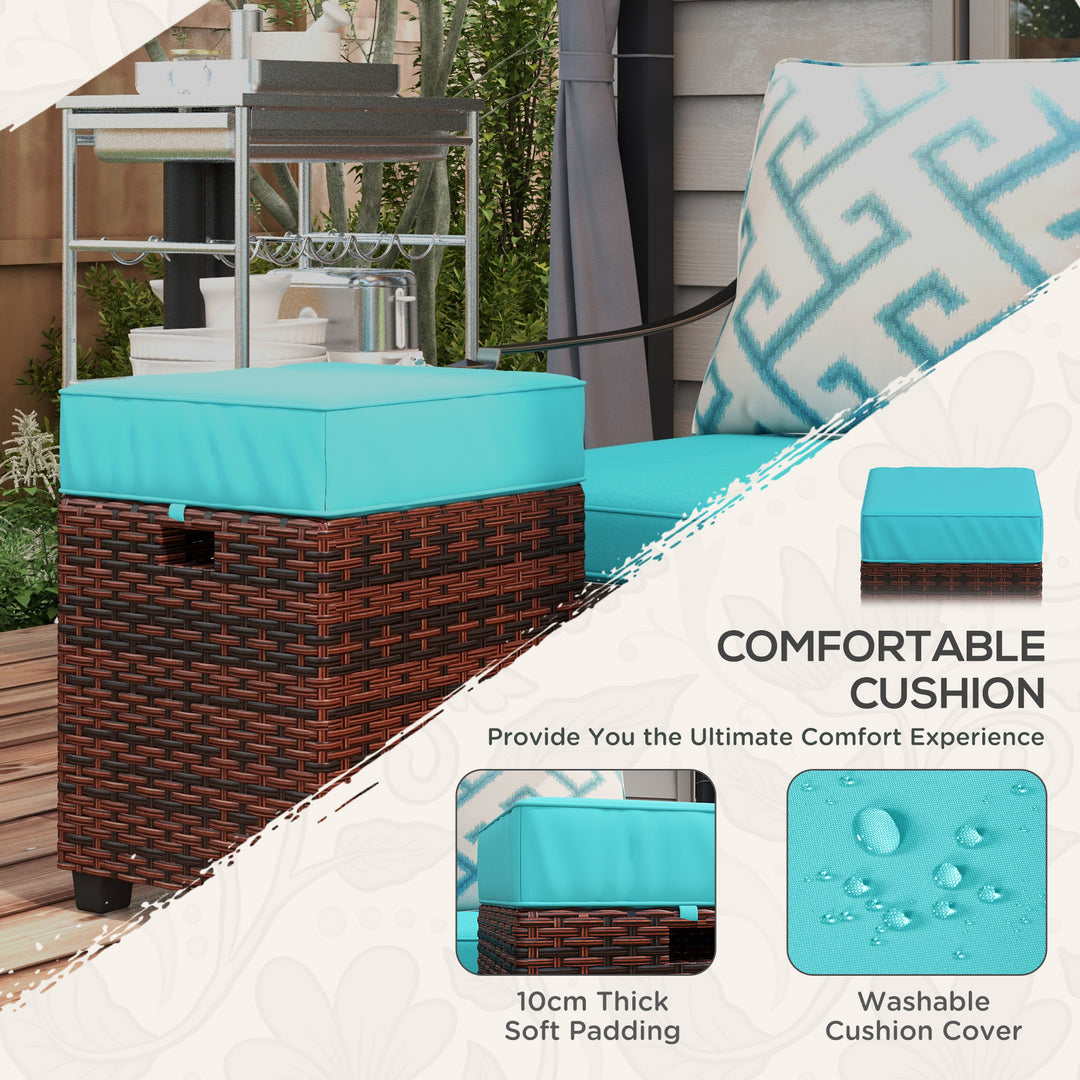 Outsunny 2 PCS Patio Wicker Ottoman Set, Square Outdoor PE Rattan Footrest with Removable Cushion for Backyard, Sky Blue