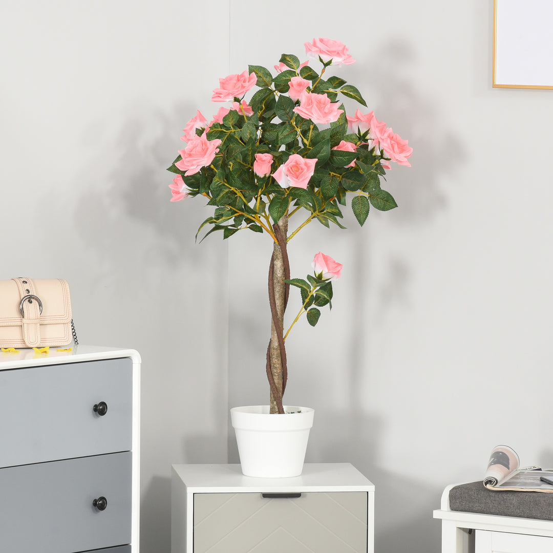 Outsunny 3FT Artificial Plant Pink Rose Floral in Pot, Fake Plant for Home Indoor Decor
