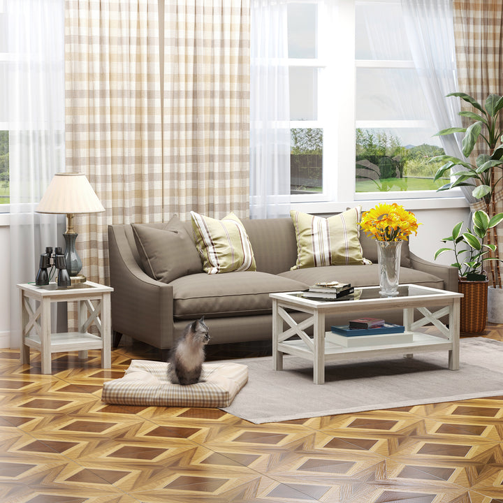 HOMCOM Farmhouse Coffee Table with Tempered Glass Table Top, 2-tier Center Table with Bottom Storage Shelf for Living Room, Bedroom