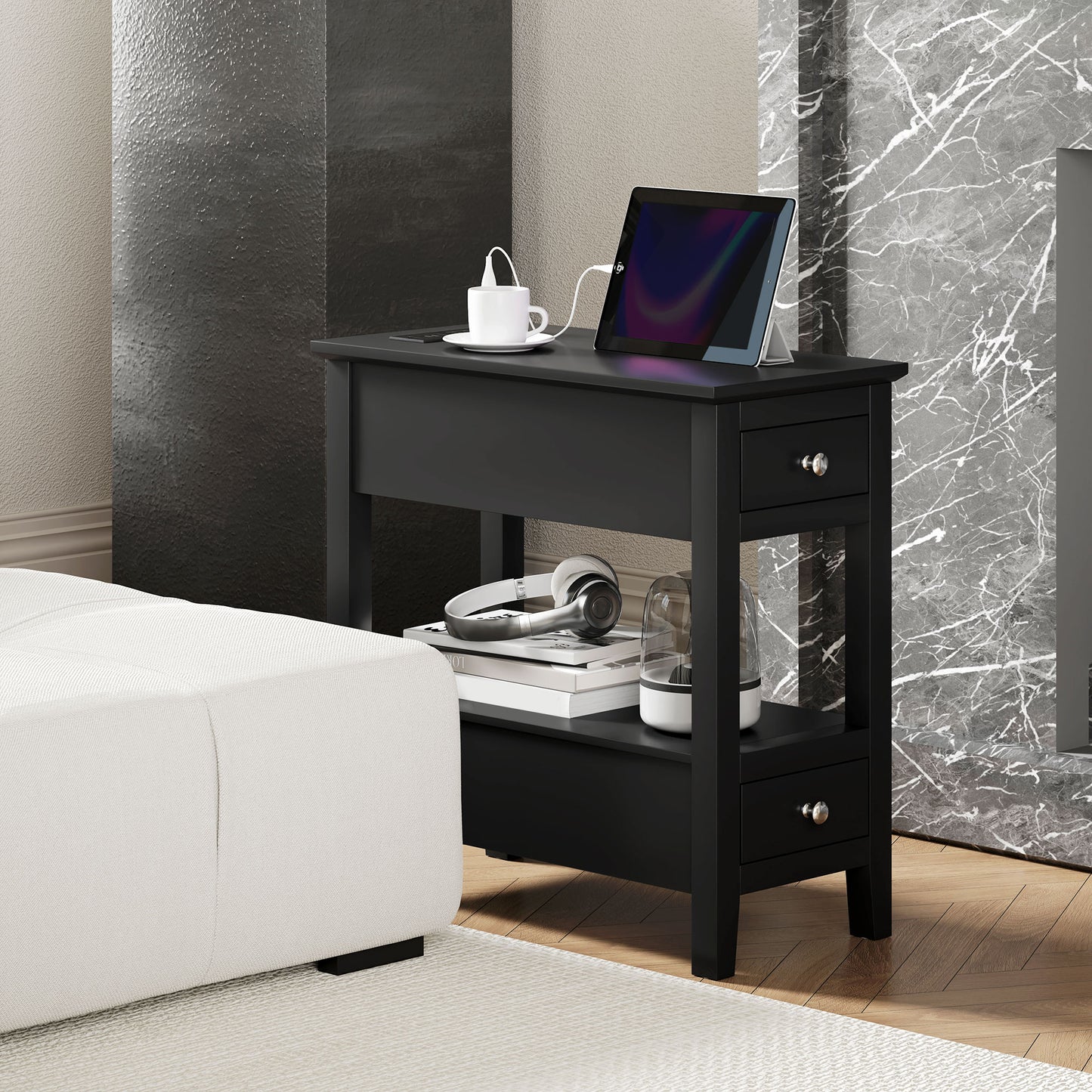 HOMCOM Narrow Side Table with Charging Station, USB Ports, Modern End Table with Storage Shelf, Drawers for Living Room, White