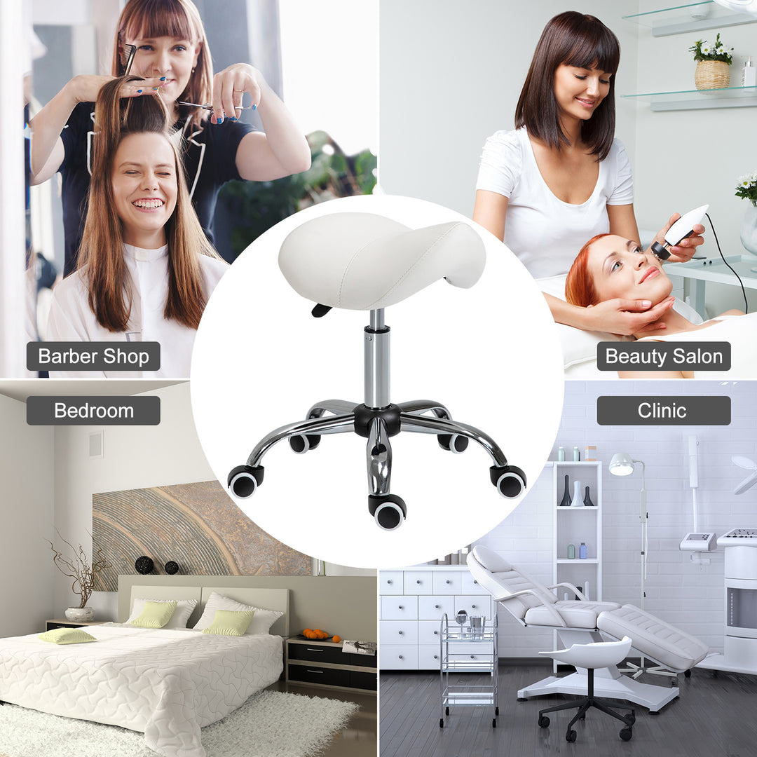 HOMCOM Cosmetic Stool 360° Rotate Height Adjustable Salon Massage Spa Chair Hydraulic Rolling Faux Leather Saddle Stool Mobility, Cream White