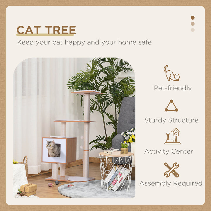 PawHut 47" Wood Cat Tree, Kitty Scratching Post, Kitten House, Condo Activity Center w/ Cushions, Pet Furniture