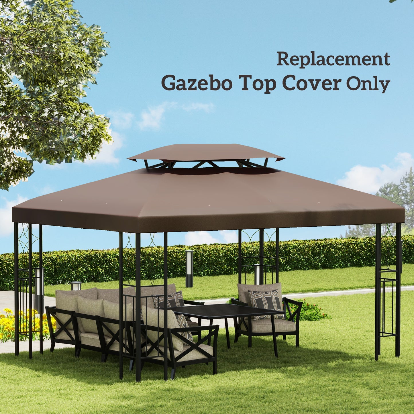 Outsunny 13' x 10' Gazebo Replacement Canopy, 2 Tier Top Roof Garden Pavilion UV Cover, Brown (TOP ONLY)