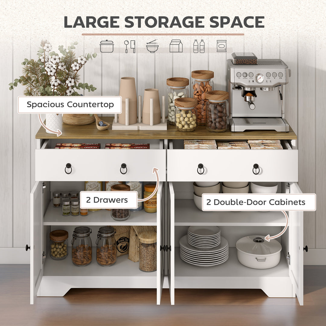 HOMCOM Kitchen Sideboard Cabinet with 2 Drawers, 4 Barn Doors and 2 Adjustable Shelves, Buffet Table for Living Room, White