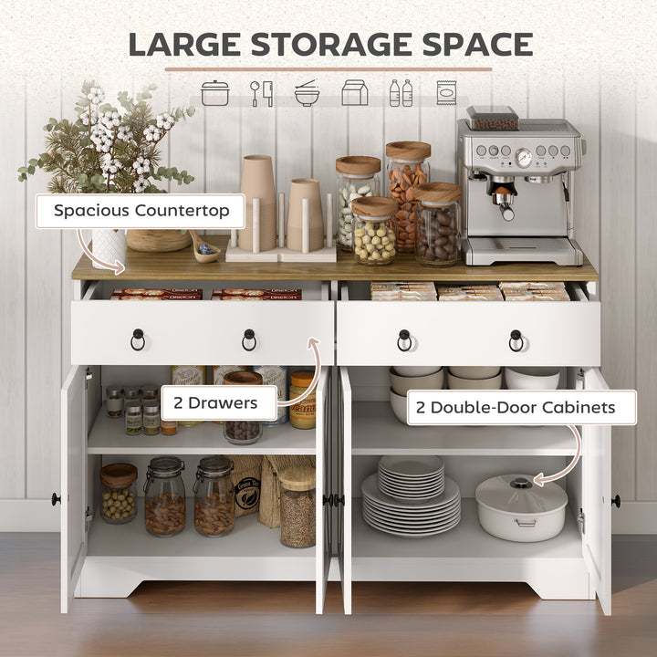 HOMCOM Kitchen Sideboard Cabinet with 2 Drawers, 4 Barn Doors and 2 Adjustable Shelves, Buffet Table for Living Room, White