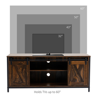 HOMCOM Industrial TV Stand for TVs up to 60", TV Console with Storage and 2 Sliding Barn Doors, Freestanding Entertainment Unit for Living Room, Bedroom, Brown