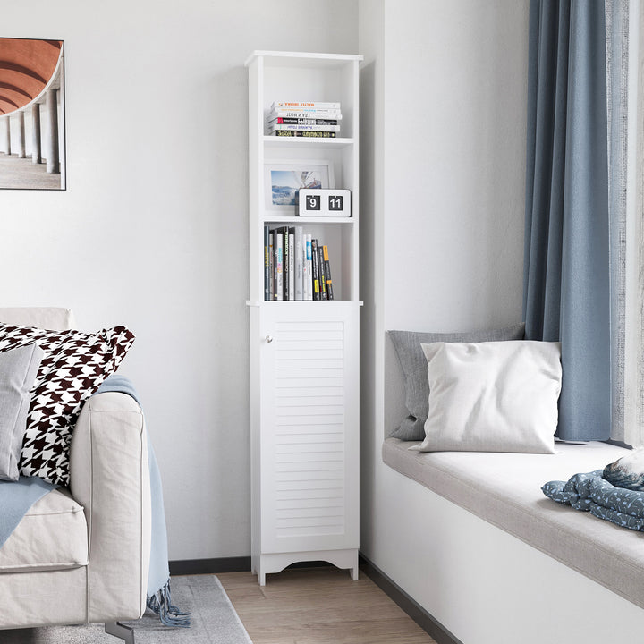 HOMCOM Tall Bathroom Storage Cabinet, Freestanding Linen Tower with 3-Tier Open Adjustable Shelf, White