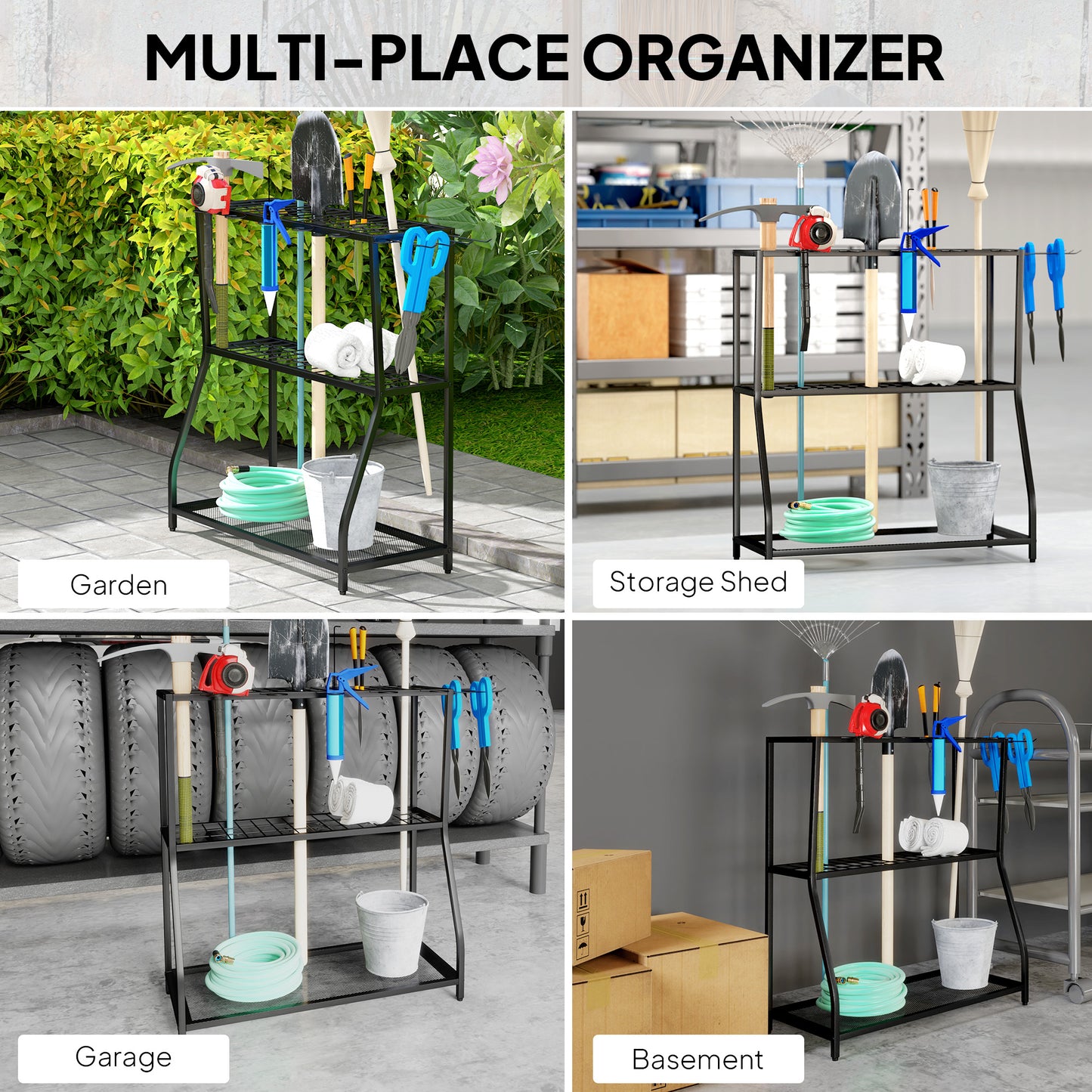 Outsunny 3-Tier Yard Tool Tower Rack, Garden Tool Organizer with Hooks for Long-Handled Rakes, Shovel, Broom, Black