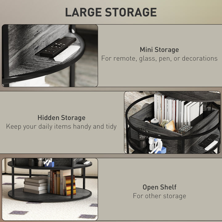 HOMCOM Lift Top Coffee Table, Round Coffee Table with Storage Shelf, Hidden Compartment and Steel Frame, Distressed Dark Grey