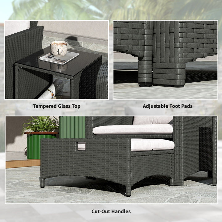 Outsunny 5 Piece Rattan Balcony Furniture Set, Wicker Outdoor Furniture Set with 2-Tier Coffee Table, Ottomans, Grey, Cream White