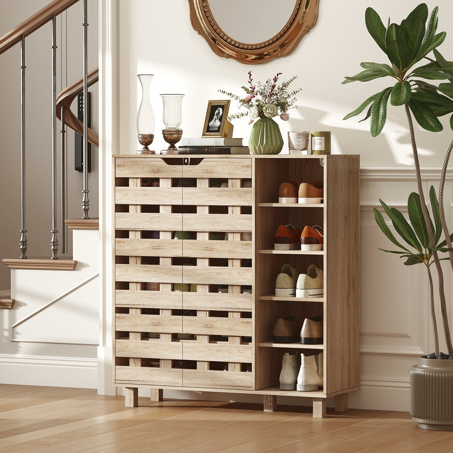 HOMCOM Shoe Cabinet, 21 Pair Shoe Storage Cabinet Organizer with 5-tier Double Door Cabinet and 5-tier Open Shelves, Beige