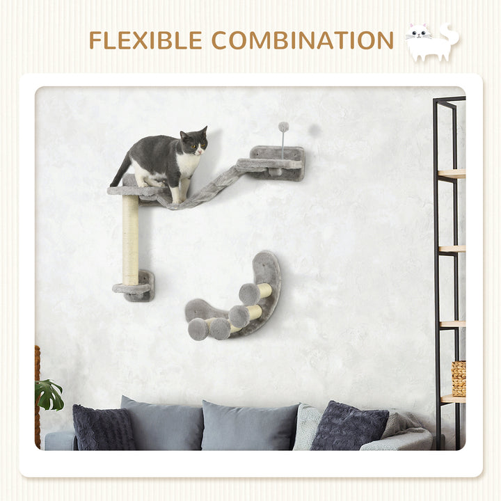 PawHut Cat Wall Shelf with Scratching Post, Cat Wall Shelves for Relaxing, Climbing, Cat Wall With Soft Ladder and Play Ball, Grey