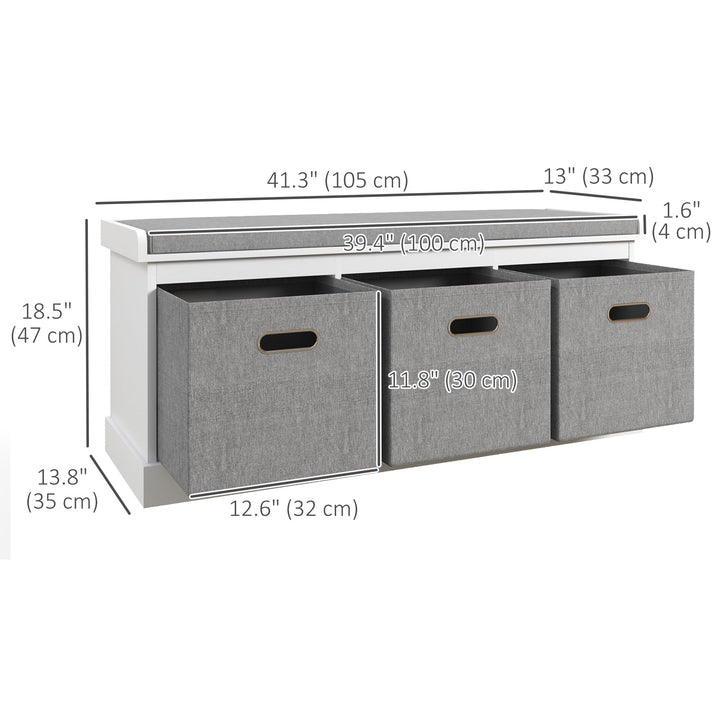 HOMCOM Shoe Storage Bench with Seat, Entryway Bench Seat with Cushion, 3 Fabric Drawers for Hallway, Grey