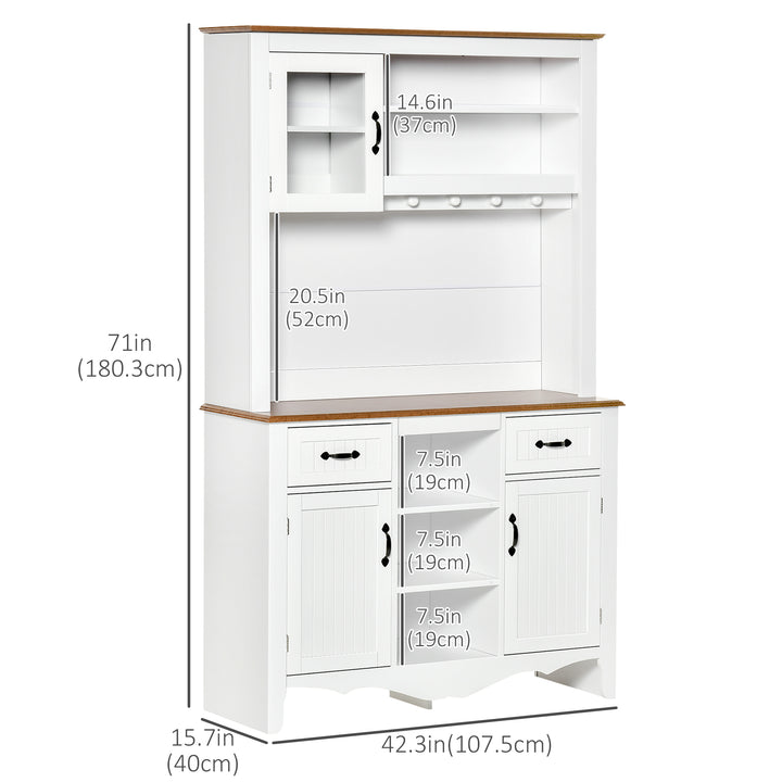 HOMCOM 71" Kitchen Buffet with Hutch, Farmhouse Style Storage Cupboard with Utility Drawer, 3 Door Cabinets and 5-tier Shelves, White