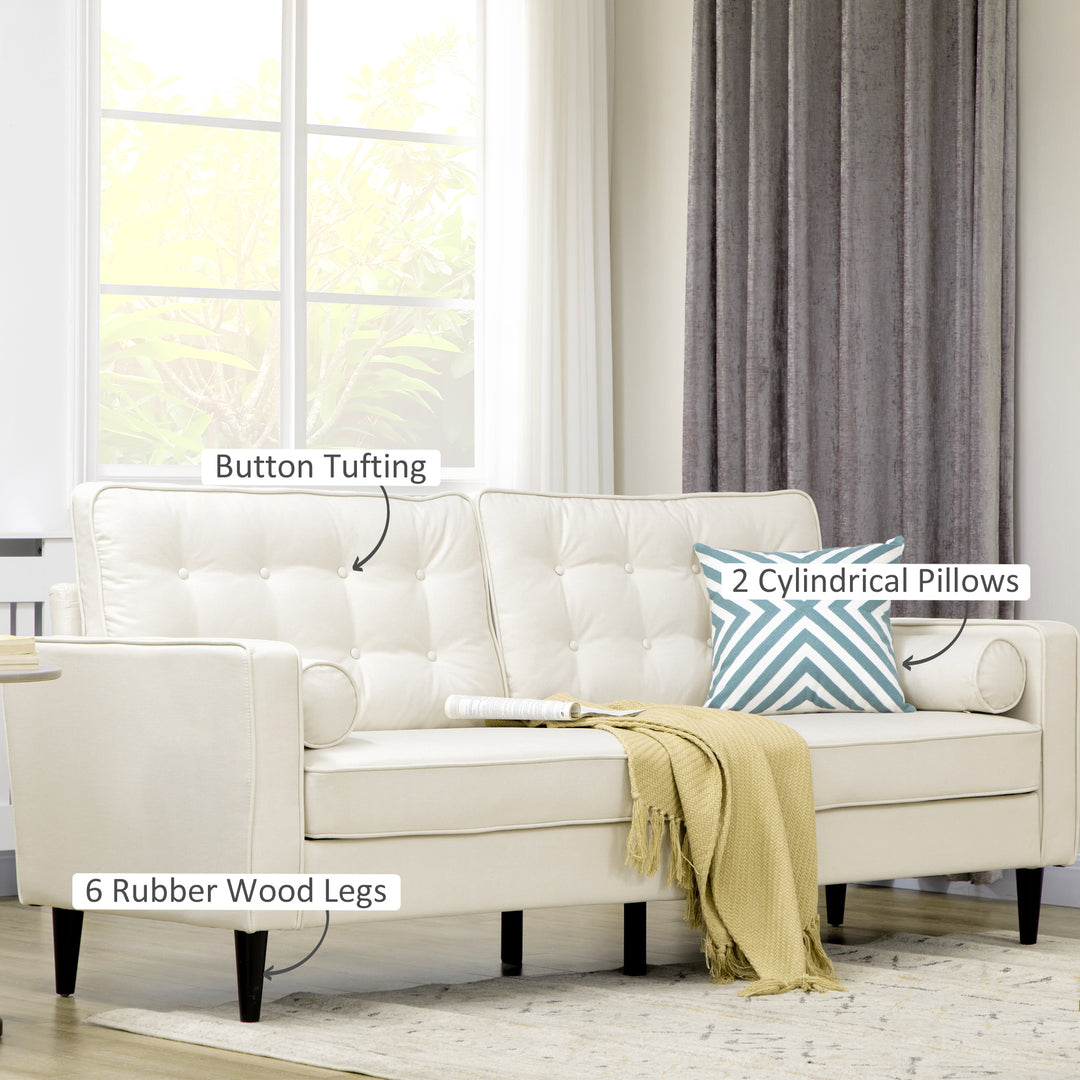HOMCOM Mid-Century Sofa, Couch with Button-Tufted Back Cushion, Velvet Feel Fabric Upholstery, 2 Cylindrical Pillows and Rubber Wood Legs for Living Room, Cream White