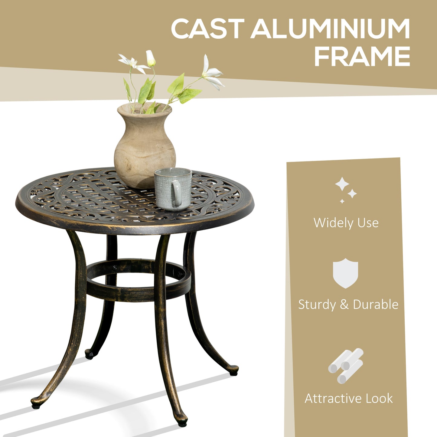 Outsunny Ð¤23.6" Round Outdoor Side Table, Cast Aluminum Frame Patio Coffee Side Desk for Patio, Garden, Balcony, Bronze