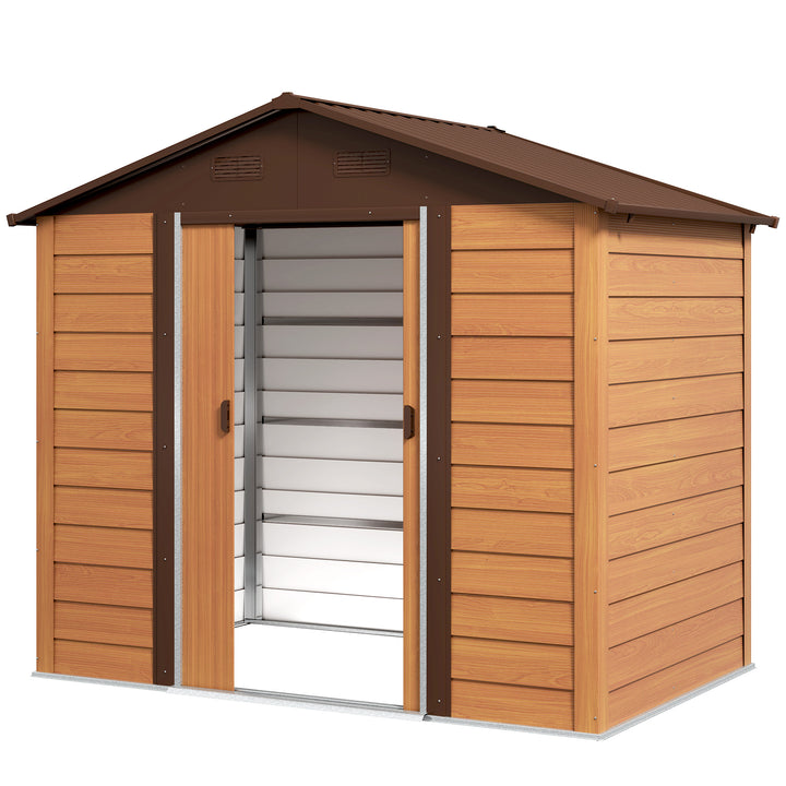 Outsunny 7.7' x 6.5' Outdoor Metal Garden Shed with Lock and Ventilation Gardening Tool Storage, Dark Brown