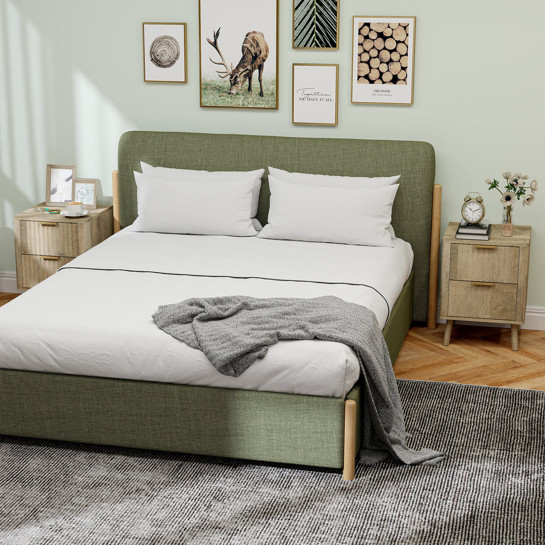 HOMCOM Night Stands Set of 2, Nightstands with Finger Pulls and Fluted Drawers, Bedside Tables with Round Edges, Oak