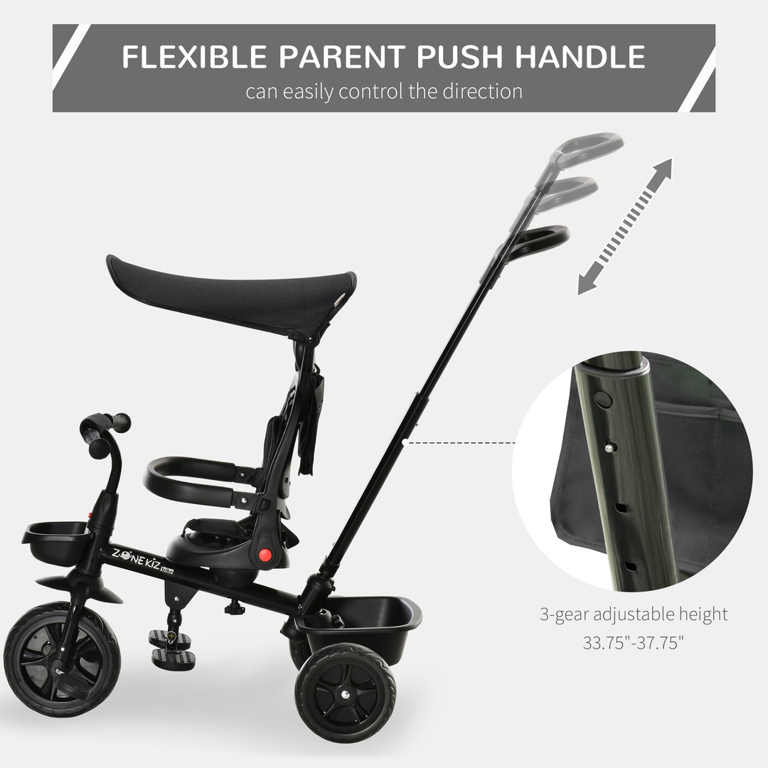 Qaba Kids Tricycle 4 In 1 Trike with Reversible Angle Adjustable Seat Removable Handle Canopy Handrail Belt Storage Footrest Brake Clutch for 1-5 Years Old Black