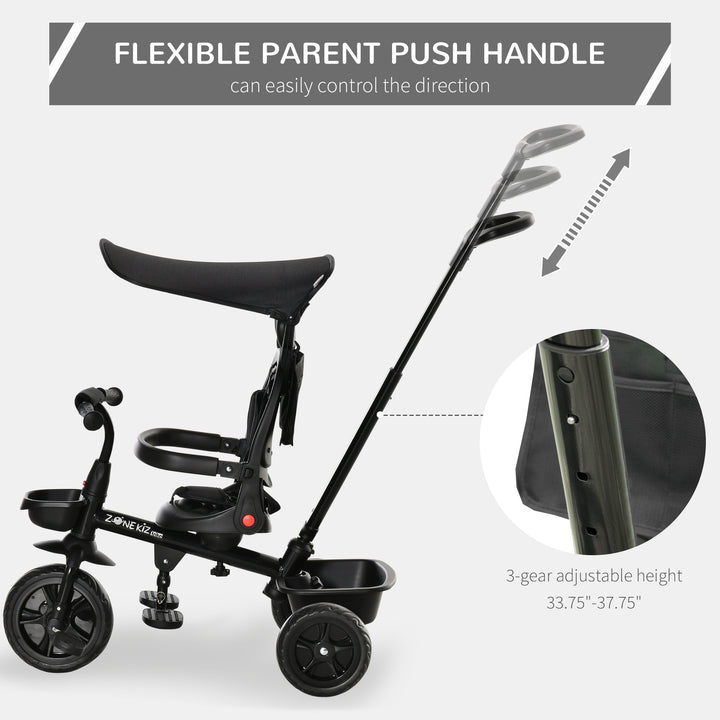 Qaba Kids Tricycle 4 In 1 Trike with Reversible Angle Adjustable Seat Removable Handle Canopy Handrail Belt Storage Footrest Brake Clutch for 1-5 Years Old Black