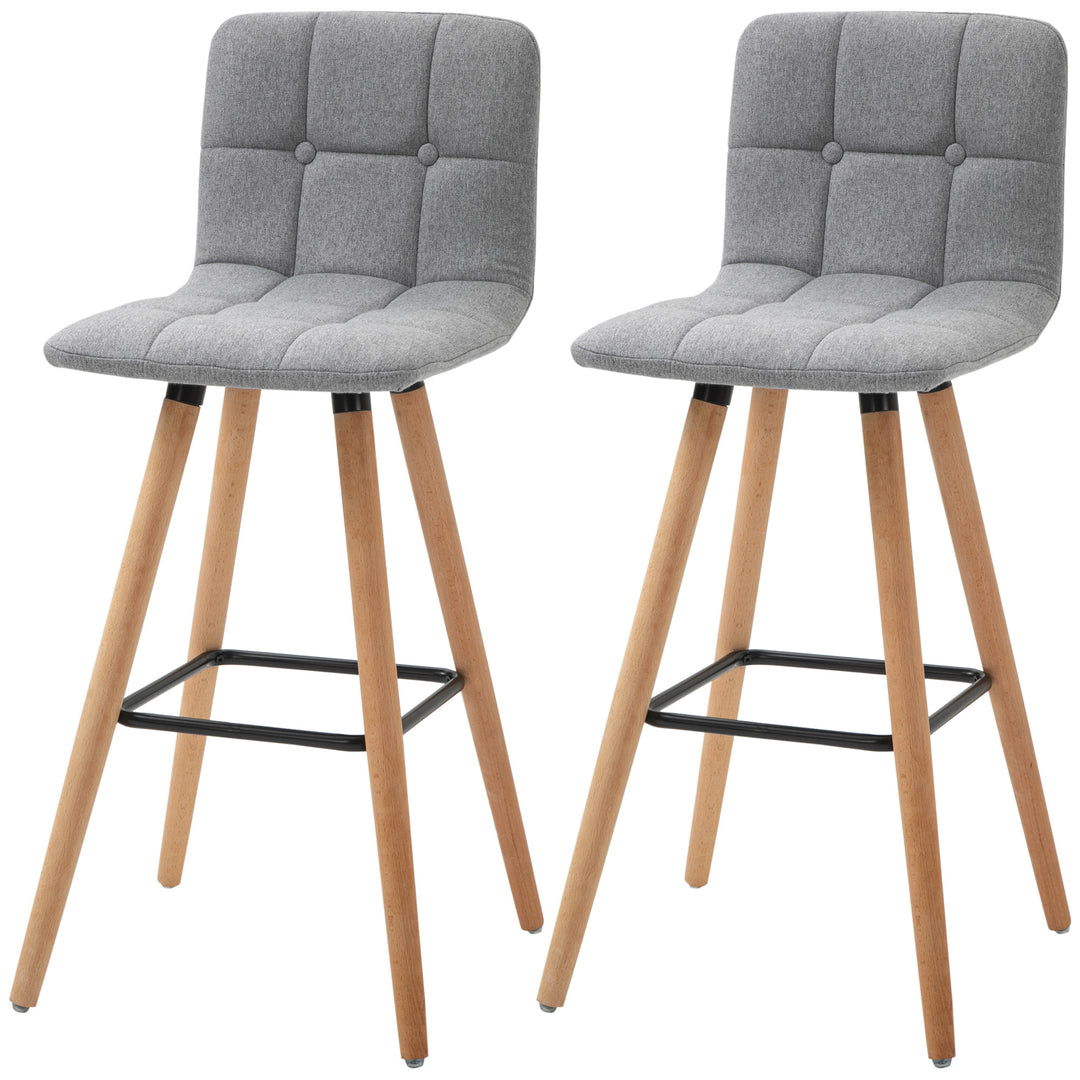 HOMCOM Modern Bar Stools Set of 2, 38" Upholstered Kitchen Island Stool with Solid Wood Legs, Grey