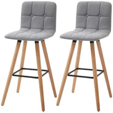 HOMCOM Modern Bar Stools Set of 2, 38" Upholstered Kitchen Island Stool with Solid Wood Legs, Grey