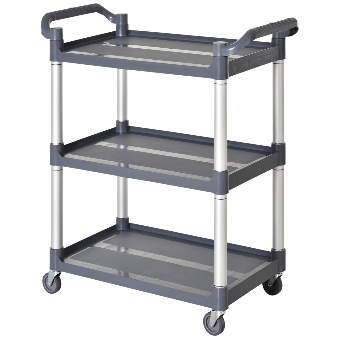 HOMCOM 3-Tier Utility Cart Large Rolling Storage Trolley with 3 Shelves Metal Clean Service Cart, Restaurant, Hotel, Livingroom, Silver and Grey