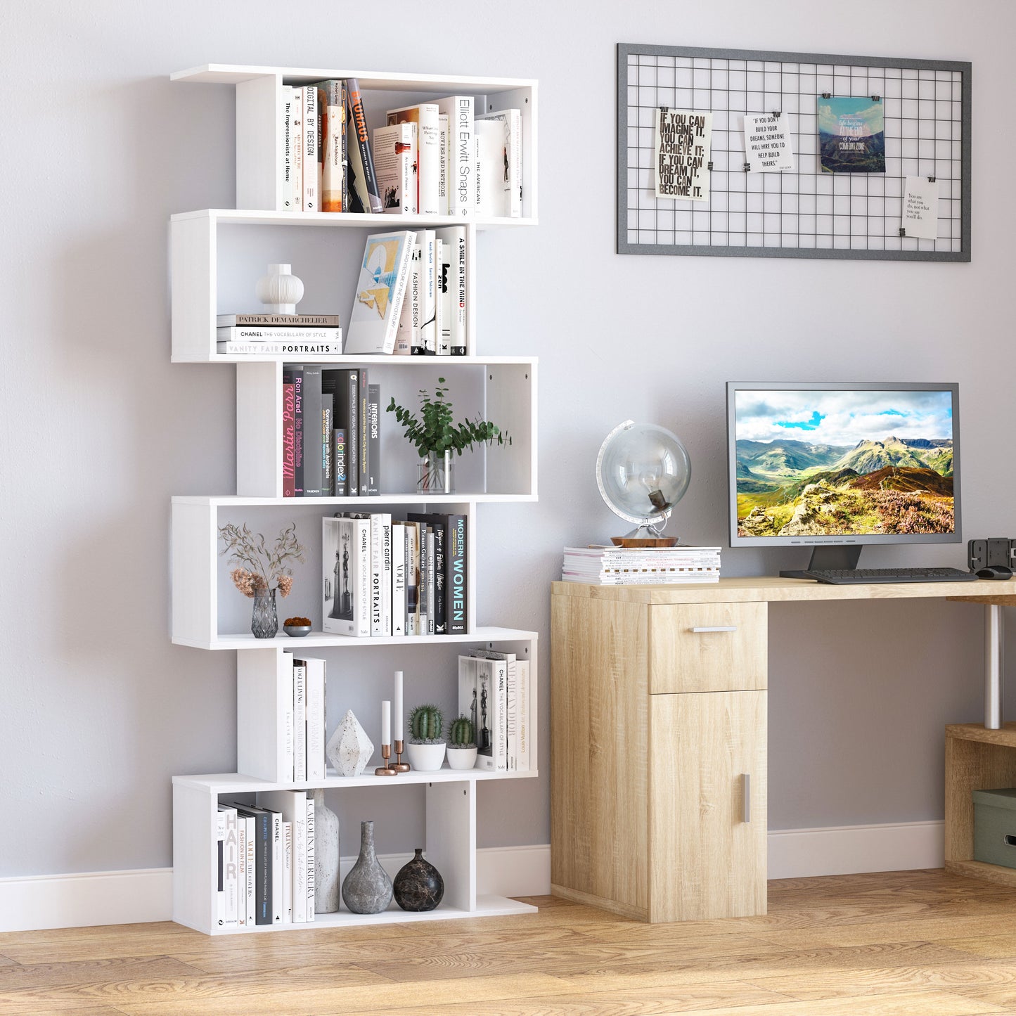 HOMCOM Wooden S Shape Bookcase 6 Shelves Storage Display Home Office Furniture