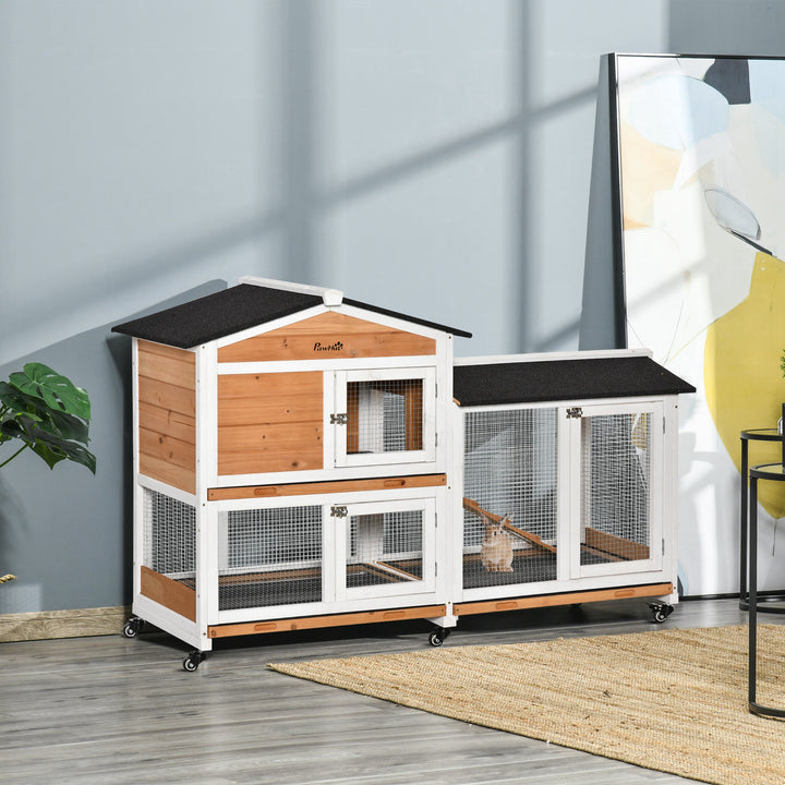 PawHut 62" Wooden Rabbit Hutch with Wheels, Run Box, Tray, Ramp for Small Animals, Guinea Pig, Indoor Outdoor Use, Light Grey