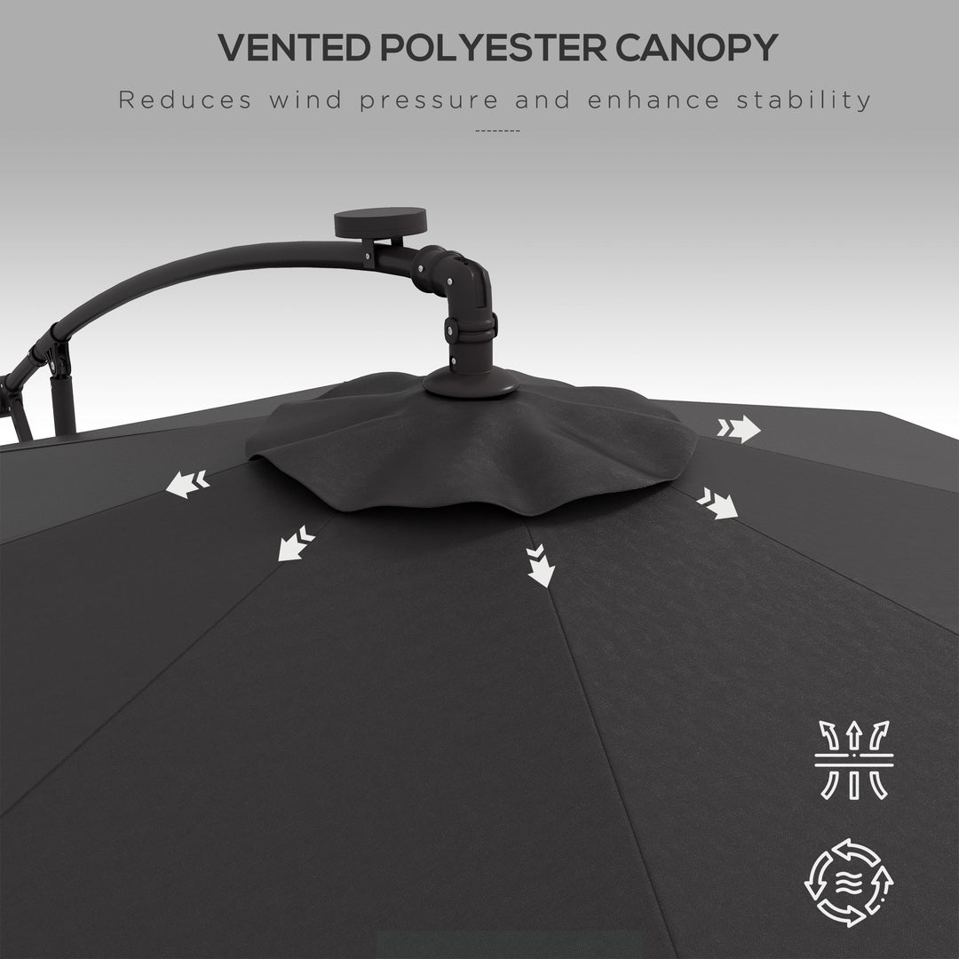 Outsunny 9.5' Offset Patio Umbrella Garden Parasol with Solar LED Lights and Weights, Dark Grey