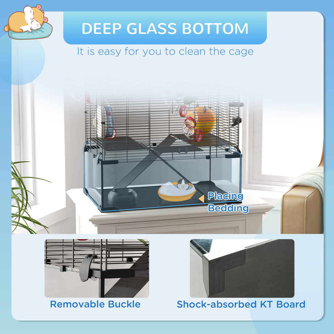 PawHut Hamster Cage with Deep Glass Bottom, Tunnel Tube System, Platforms, Hut, Exercise Wheel, Water Bottle, 24" x 16" x 22"