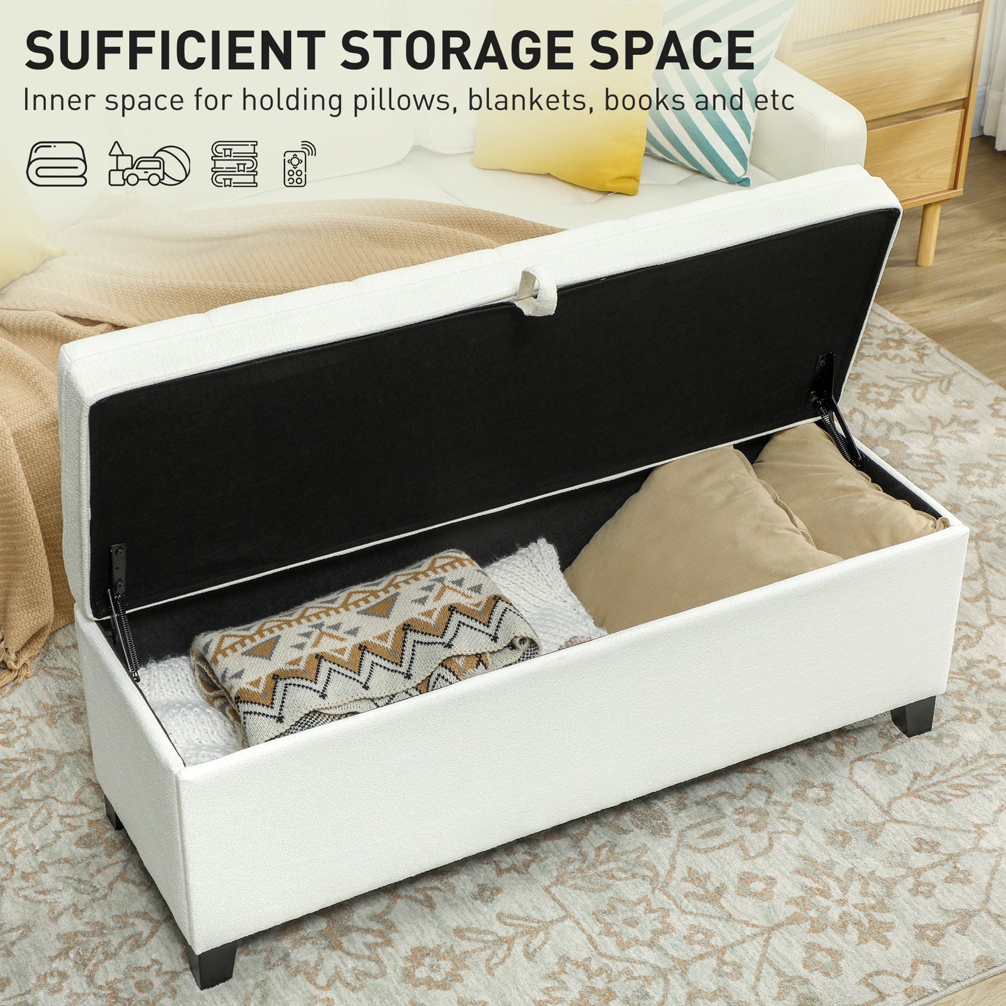 HOMCOM Storage Ottoman Bench, Foot Rest with Safety Hinges, 47 Inches Linen Storage Chest for Living Room, Dark Grey
