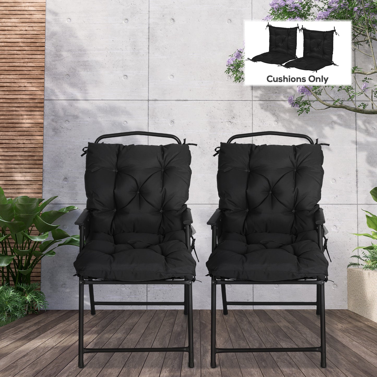 Outsunny Patio Chair Cushions Set of 2, 39" x 20" x 3" Outdoor Tufted Cushion Set with Ties for Indoor Outdoor Garden Furniture, Dark Grey