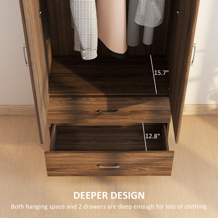HOMCOM Wardrobe Closet Armoire with Hanging Rod and 2 Doors, Clothes Storage Organizer with 2 Drawers for Bedroom, Oak