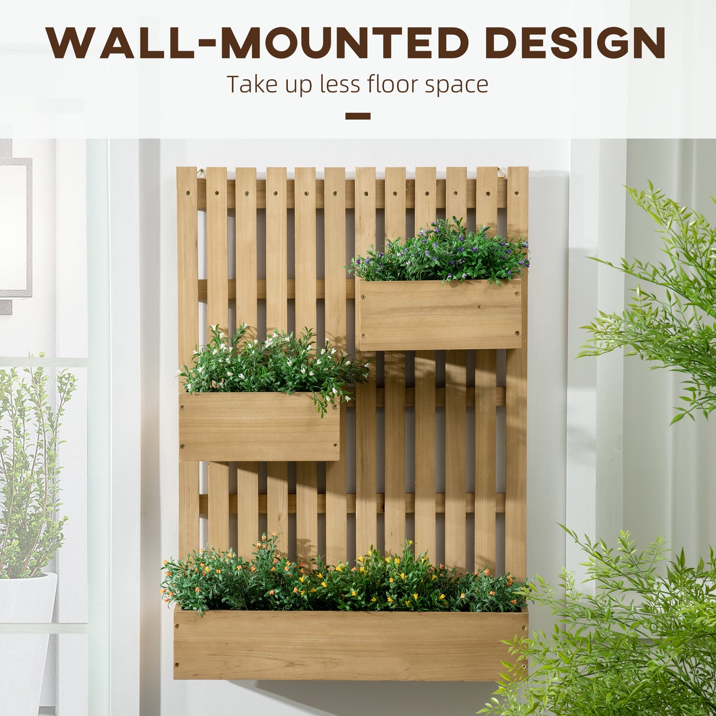 Outsunny 3 Box Raised Garden Bed with Trellis, Wall-Mounted Wood Planter Box Set with Drainage Hole for Flowers, Climbing Plants