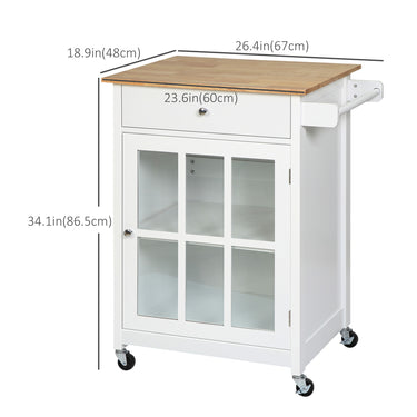 HOMCOM Rolling Kitchen Cart with Drawer and Glass Door Cabinet, Kitchen Island on Wheels with Towel Rack, White