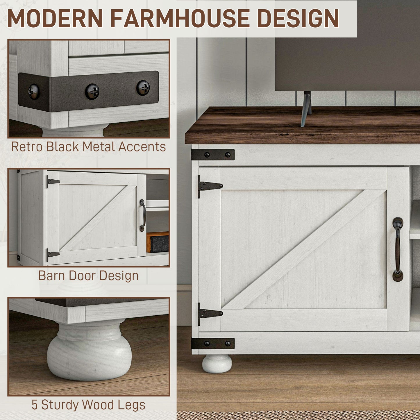 HOMCOM Farmhouse TV Stand for up to 50" TV, TV Cabinet with Barn Doors, Cable Management for Living Room, Distressed White
