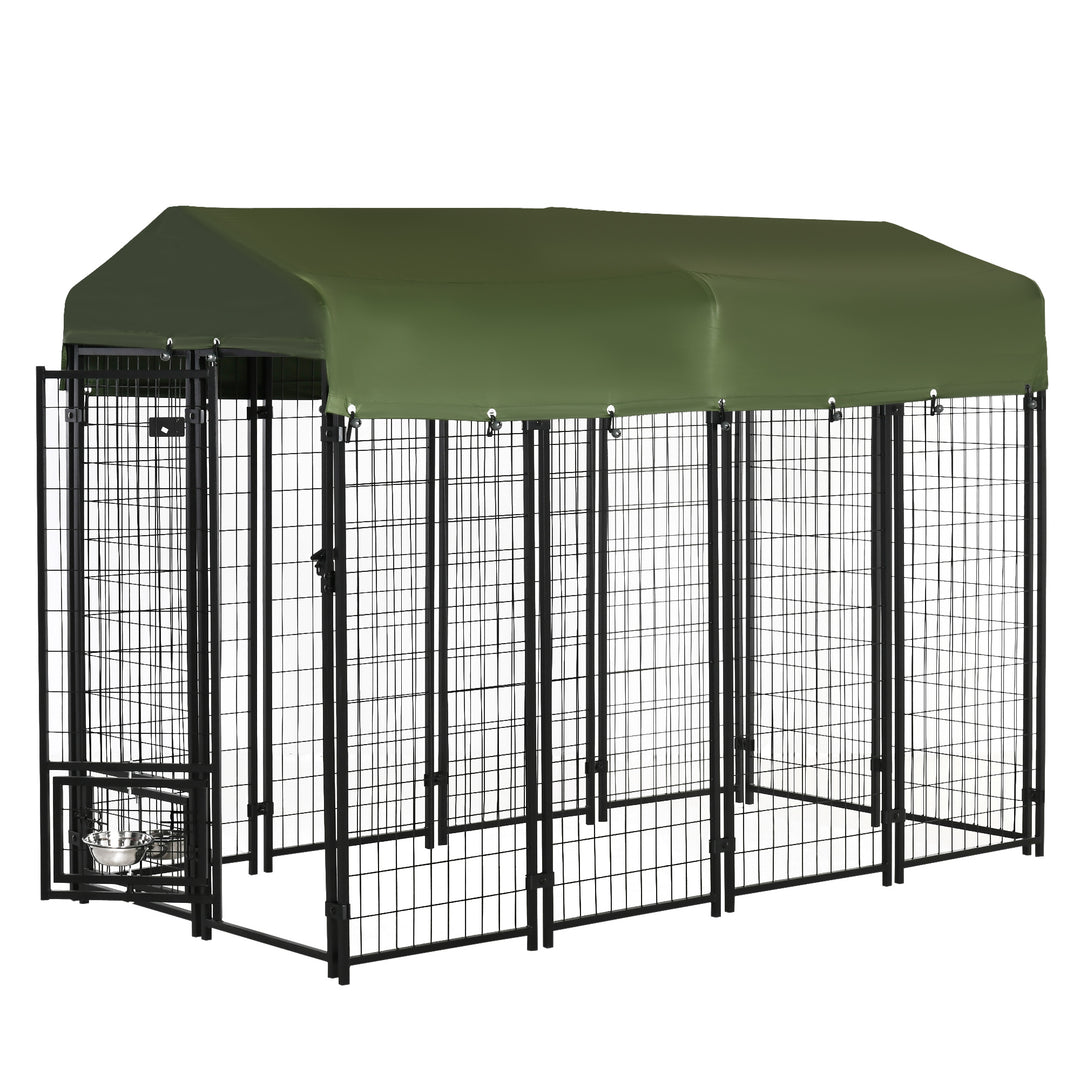 PawHut Outdoor Dog Kennel, Lockable Pet Playpen Crate, Welded Wire Steel Fence, Rotating Bowl Holders, Green