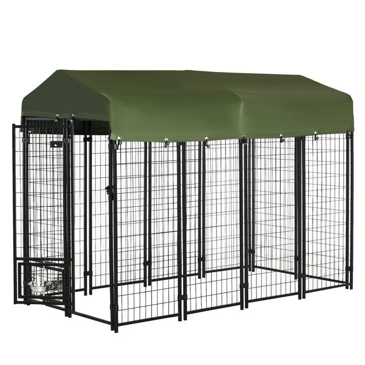 PawHut Outdoor Dog Kennel, Lockable Pet Playpen Crate, Welded Wire Steel Fence, Rotating Bowl Holders, Green