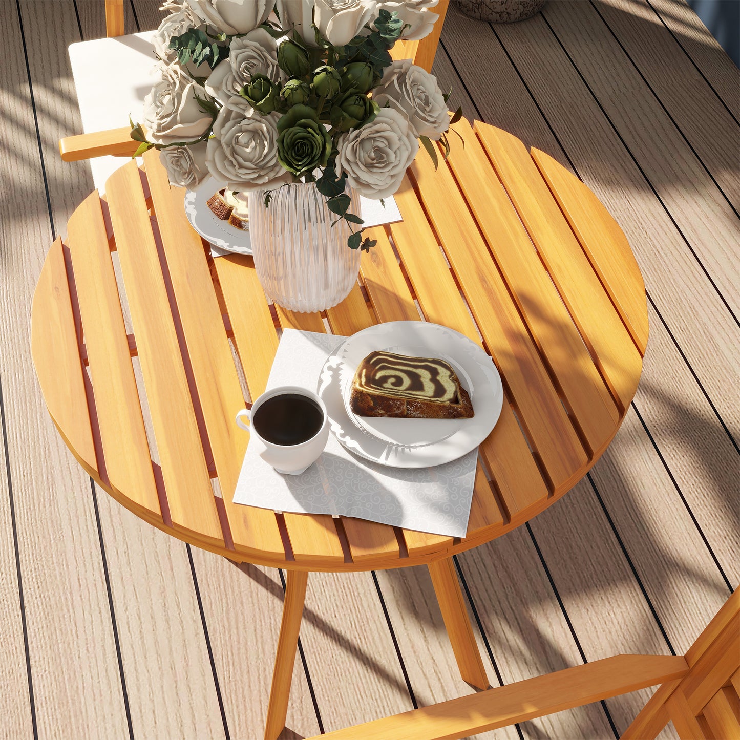Outsunny 3 Piece Patio Set, Small Patio Table and Chairs, Wooden Outdoor Bistro Set w/ Cushions, Round Coffee Table, Brown
