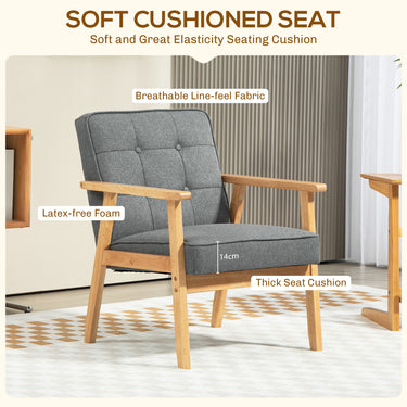 HOMCOM Modern Accent Chair with Button Tufted Back, Line-feel Fabric Armchair with Solid Wood Frame for Bedroom, Grey