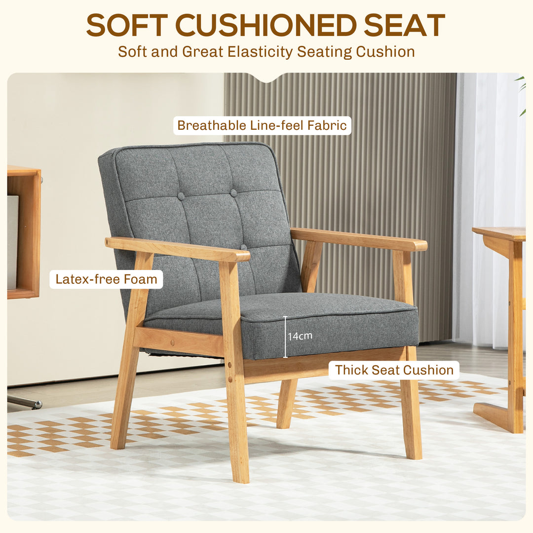 HOMCOM Modern Accent Chair with Button Tufted Back, Line-feel Fabric Armchair with Solid Wood Frame for Bedroom, Grey