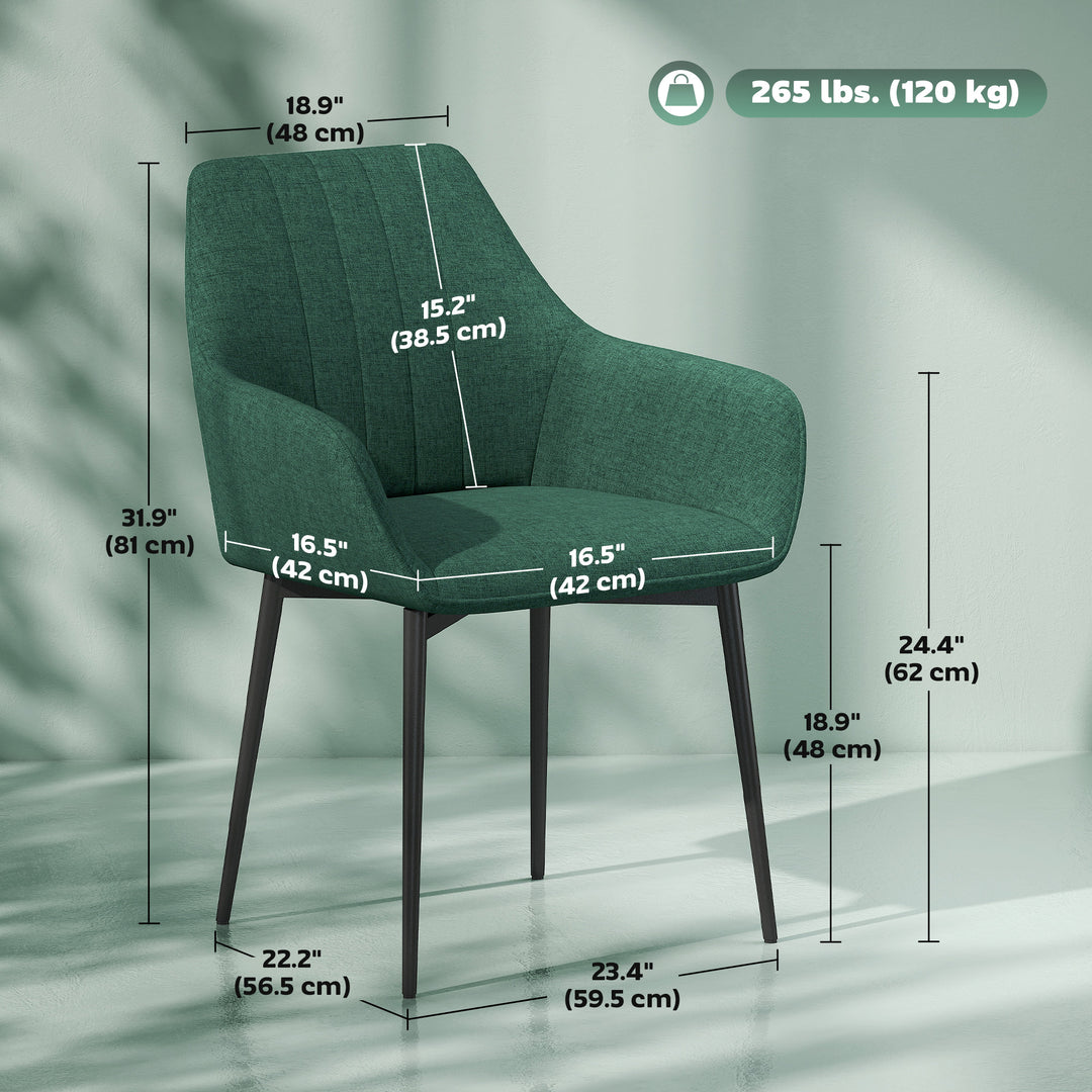 HOMCOM Dining Chairs Set of 2, Linen Upholstery Accent Chair with Back, Armrest, Metal Legs, Dark Grey