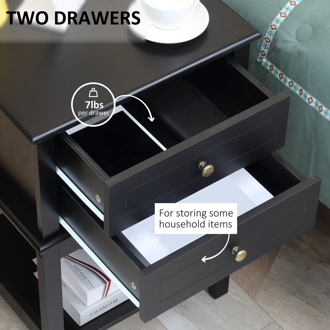 HOMCOM Modern Sofa Side Table, Accent End Table with Drawers and Storage Shelf, Nightstand for Bedroom Living Room, Black