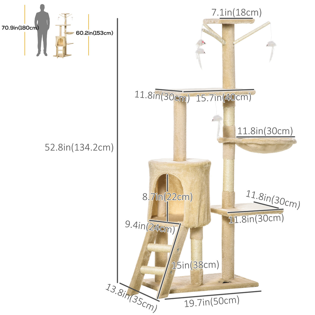 PawHut 53" Cat Tree Tower, Kitten Activity Centre with Scratching Posts, Condo, Perches, Ladder, Hammock, Dangling Toys, Beige
