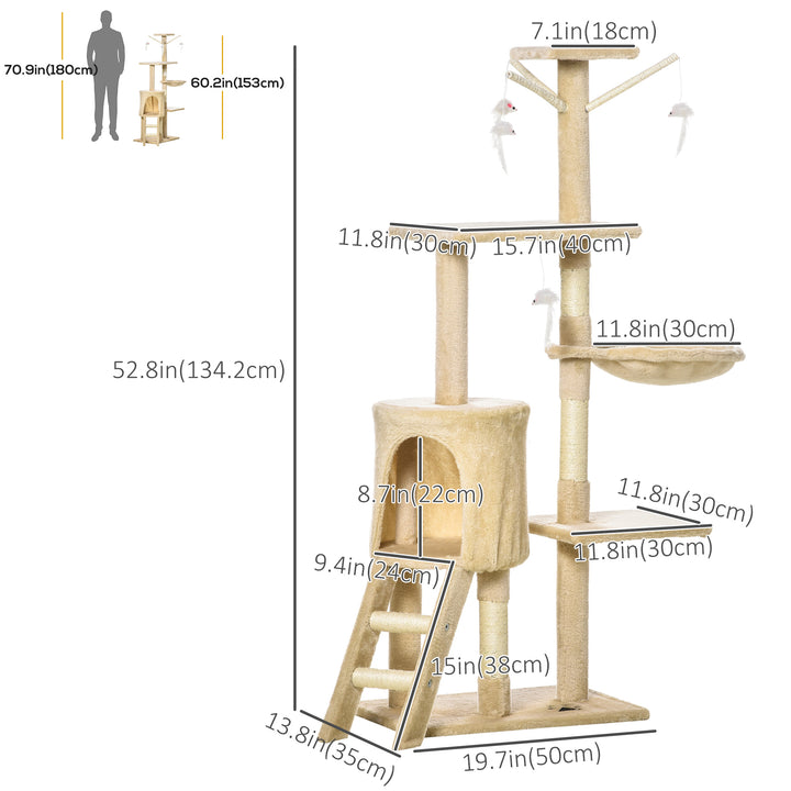 PawHut 53" Cat Tree Tower, Kitten Activity Centre with Scratching Posts, Condo, Perches, Ladder, Hammock, Dangling Toys, Beige