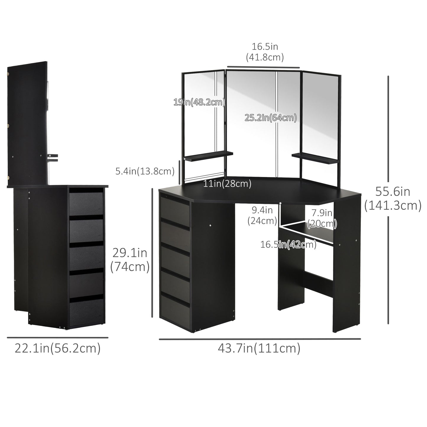 HOMCOM Corner Vanity Desk with Mirror, Makeup Vanity Table with 5 Drawers and Open Shelves, Dressing Table with 3-piece Mirror for Bedroom, Black
