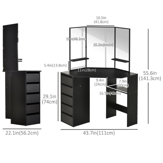 HOMCOM Corner Vanity Desk with Mirror, Makeup Vanity Table with 5 Drawers and Open Shelves, Dressing Table with 3-piece Mirror for Bedroom, Black