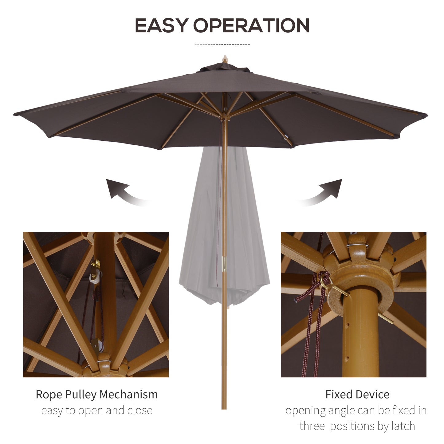 Outsunny 10' x 8' Bamboo Wooden Round Market Patio Sun Umbrella Garden Parasol Outdoor Sunshade Canopy, White