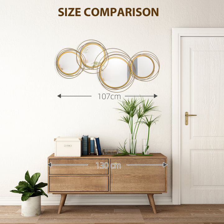 HOMCOM Metal Wall Art Gold Frame Circle Bathroom Mirror Decor Home Hanging Wall Sculptures for Living Room Bedroom Dining Room, 42.25" W x 22" H, Gold